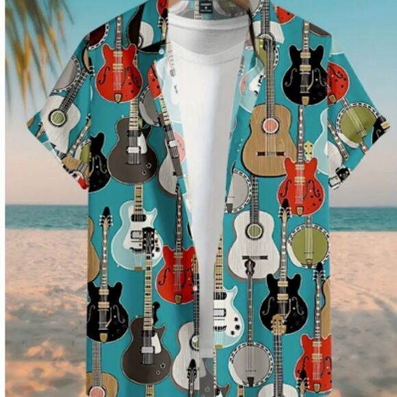 Guitar Graphic Men's Dress Shirt Button Front Short Sleeve Music Instrument - Picture 3 of 5